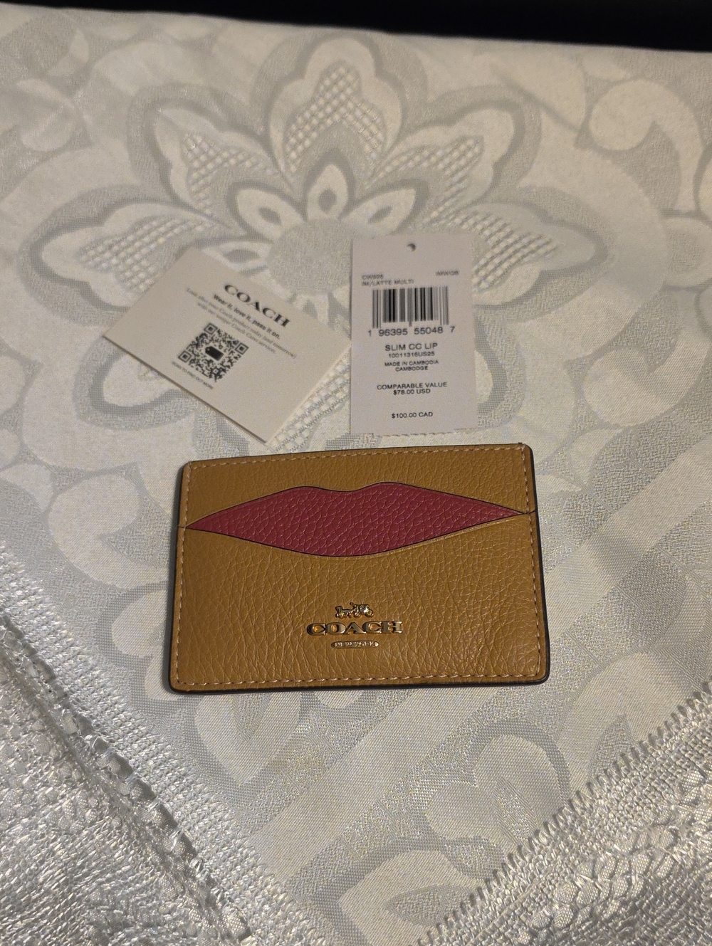 COACH Slim Card Case in Tan with Pink Lip Accent
